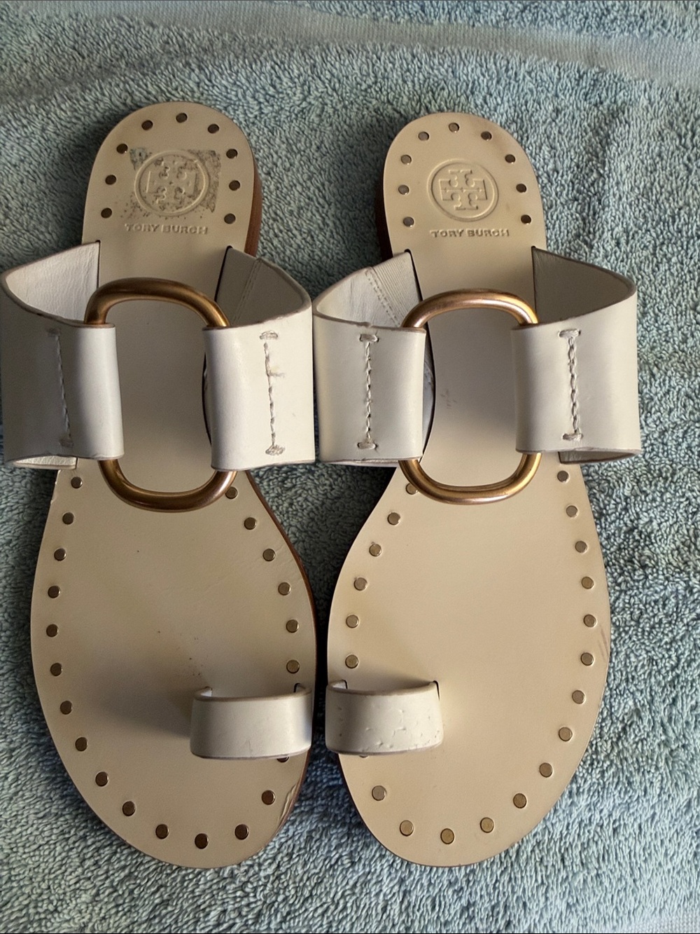 Tory Burch Cream Leather Slide Sandals with Gold Ring Accent